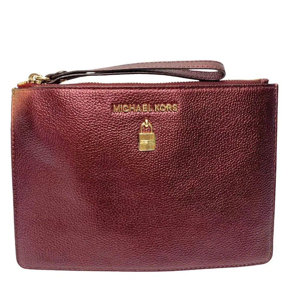 MICHAEL KORS‎ Adele Merlot Pebbled Leather Zippered Clutch Wristlet